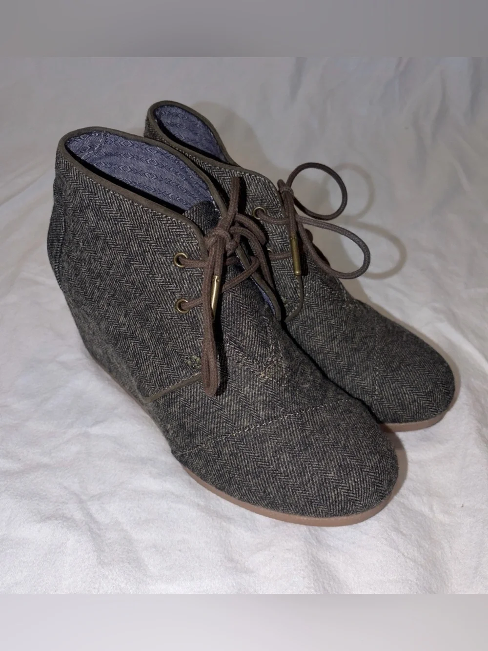 Toms Desert Wedge Herringbone Bootie Ankle Boots Shoes Gray Lace Up Fabric sz7.5
